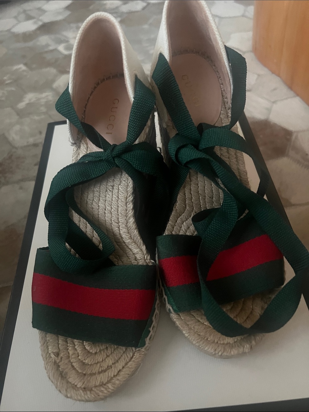 Gucci Green and Red Ribbon Espadrille Wedges with Ankle Ties